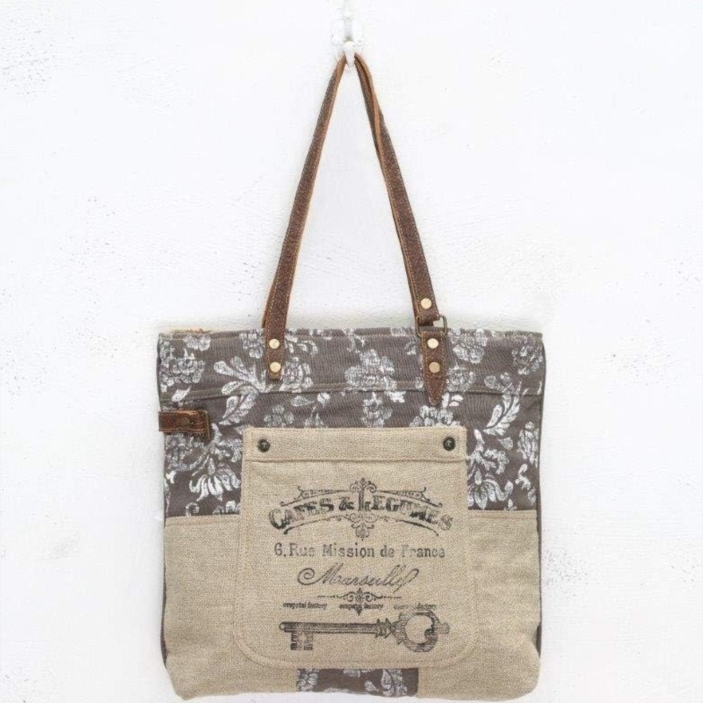 Myra Bag Old Key Upcycled Canvas Tote Bag Large Gray Beige Boho Vintage New Chic